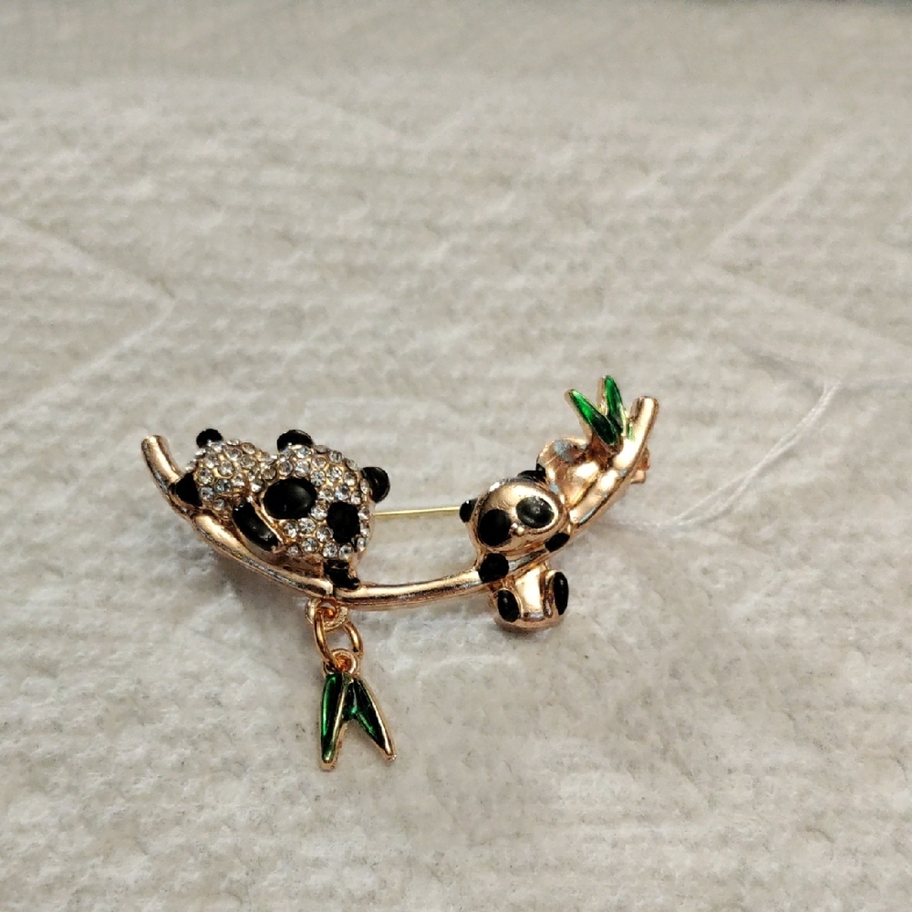 Panda Brooch with Gold and Black Accents & Rhinestones